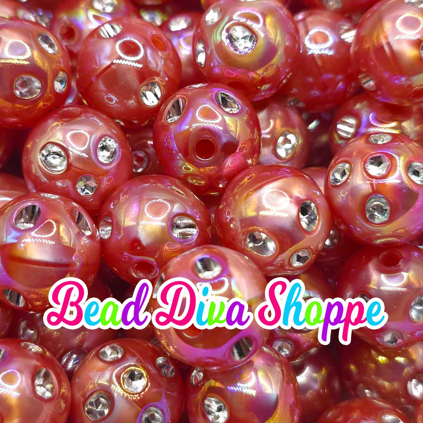 Set of 10 - 16mm - RED RHINESTONE Ab - Acrylic Beads- Bubblegum - Chunky - Round Acrylic Beads for Diy and Jewelry Supplies