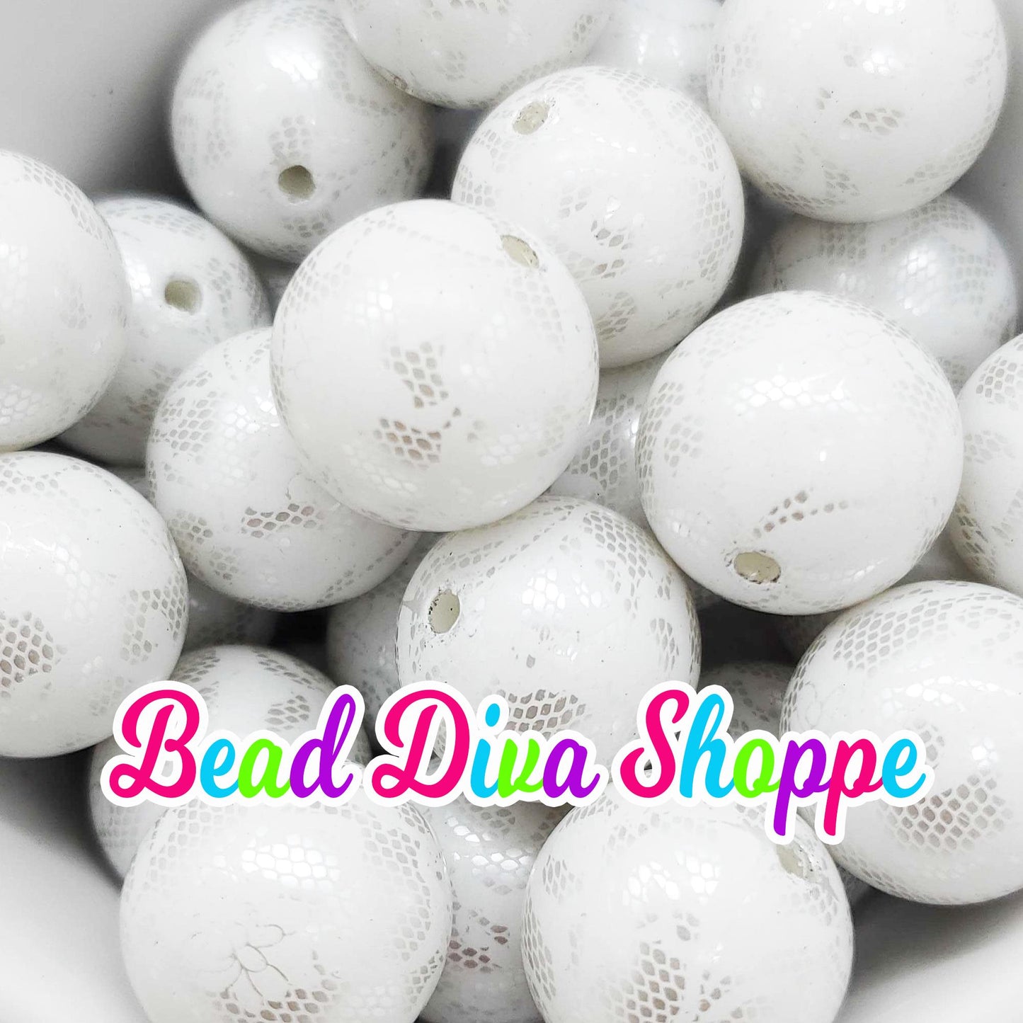 20mm - WHITE with WHITE LACE Print Beads - Bubblegum - Round Acrylic Beads for Diy and Jewelry Making Supplies