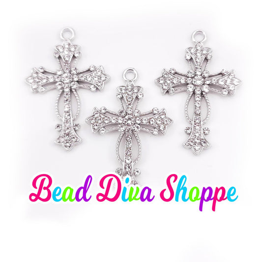 Set of 2 - 28mm x 17mm - Filigree SILVER CROSS with RHINESTONES Charms - Beads - Diy - Jewelry - Beaded Pens - Keychains - Bracelets