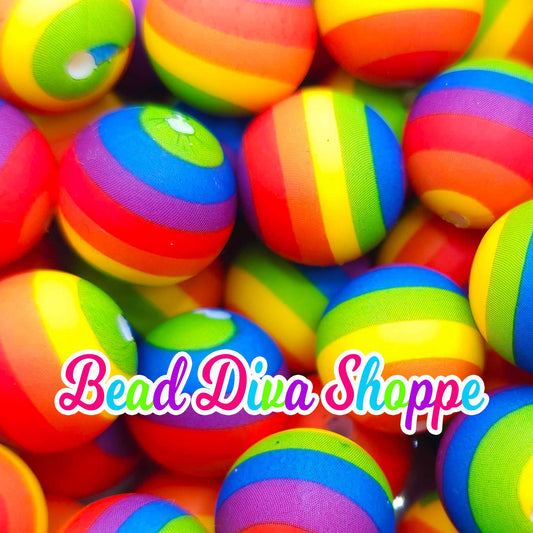 Set of 10 - 15mm - RAINBOW STRIPES - Round Silicone Beads for Diy and Jewelry Making Supplies - Keychains - Beaded Pens