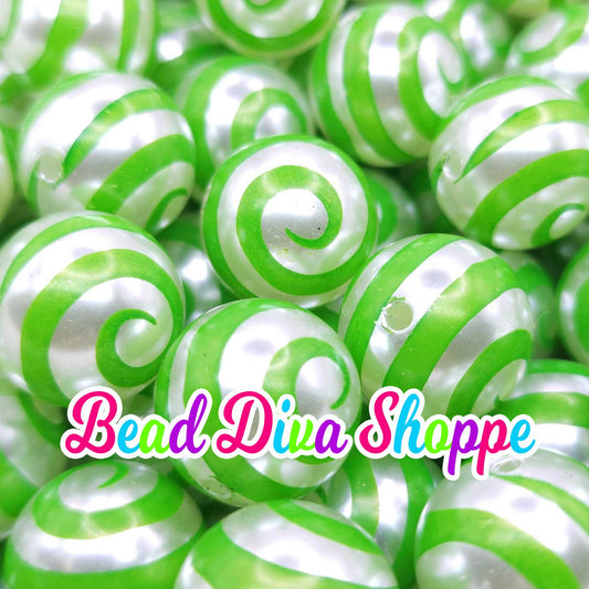 20mm - GREEN SWIRL on PEARL finish Acrylic Beads- Bubblegum - Round Acrylic Beads for Diy and Jewelry Making Supplies