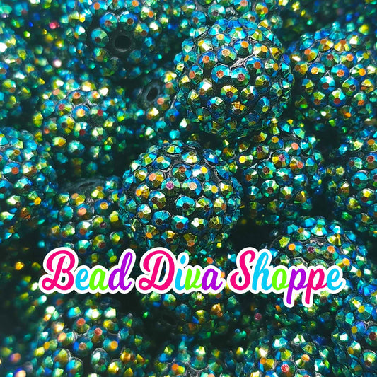 20mm -DARK TEAL GREEN - Gold Ab - Rhinestone Beads- Bubblegum - Chunky - Round Acrylic Beads for Diy and Jewelry Making Supplies