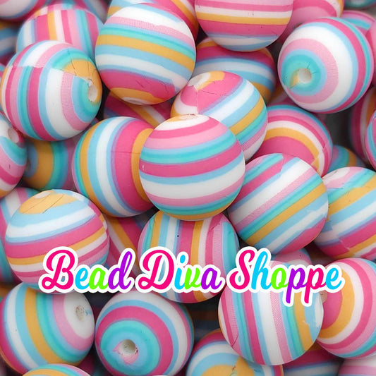 Set of 10 - 15mm - PASTEL STRIPES - Round Silicone Beads for Diy and Jewelry Making Supplies - Keychains - Beaded Pens