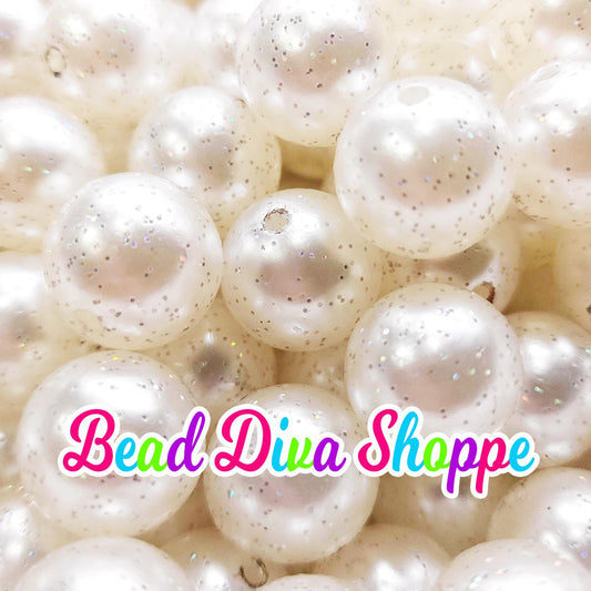 20mm - WHITE PEARL GLITTER - Bubblegum Chunky Beads - Round Acrylic Beads for Diy and Jewelry Making Supplies