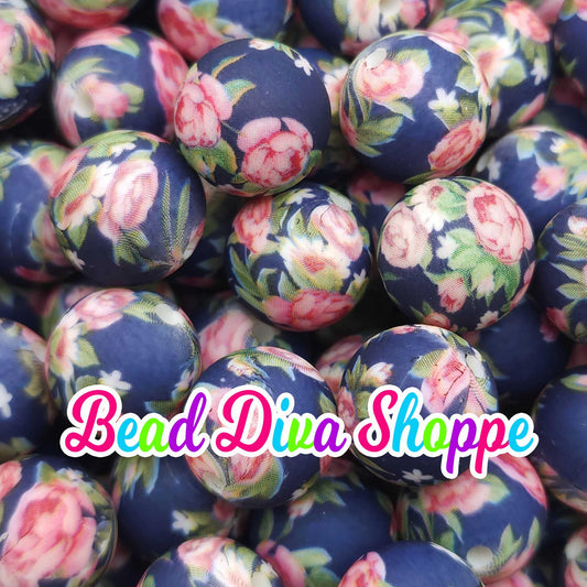 Set of 10 - 15mm - SHABBY BLUE FLORAL - Round Silicone Beads for Diy and Jewelry Making Supplies - Keychains - Beaded Pens