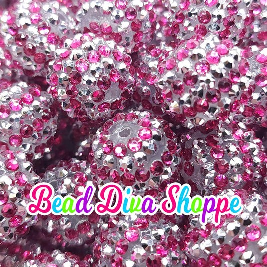 20mm - Hot PINK / SILVER STRIPES - Rhinestone Beads - Bubblegum - Chunky - Round Acrylic Beads for Diy and Jewelry Making Supplies