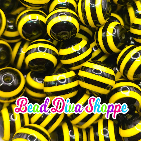 20mm - YELLOW / BLACK STRIPES - Bubblegum Beads - Round Acrylic Beads for Diy and Jewelry Making Supplies