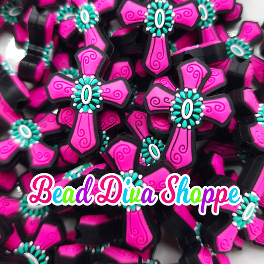 Set of 2 - 29mm X 23mm - Hot Pink - WESTERN CROSS - Focal Beads - DIY Jewelry Making - Beaded Pens - Keychains - Bracelets