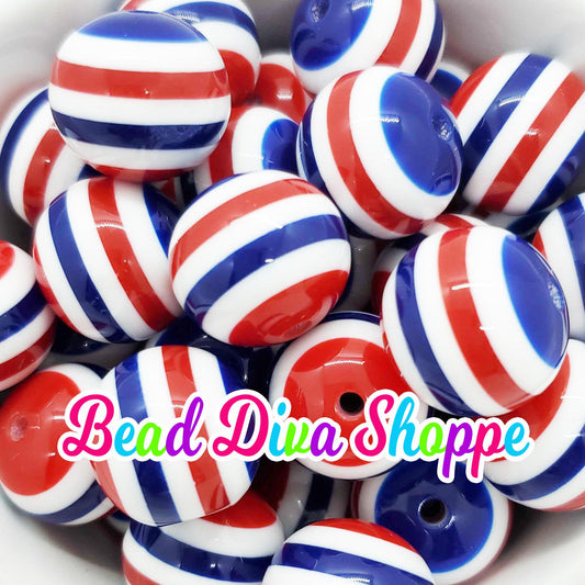 20mm - RED / WHITE / BLUE Stripes - Bubblegum Beads - Round Acrylic Beads for Diy and Jewelry Making Supplies
