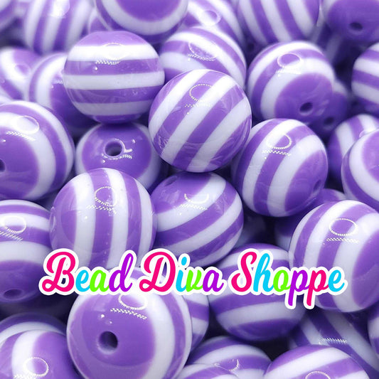 20mm - PURPLE / WHITE STRIPES - Bubblegum Beads - Round Acrylic Beads for Diy and Jewelry Making Supplies