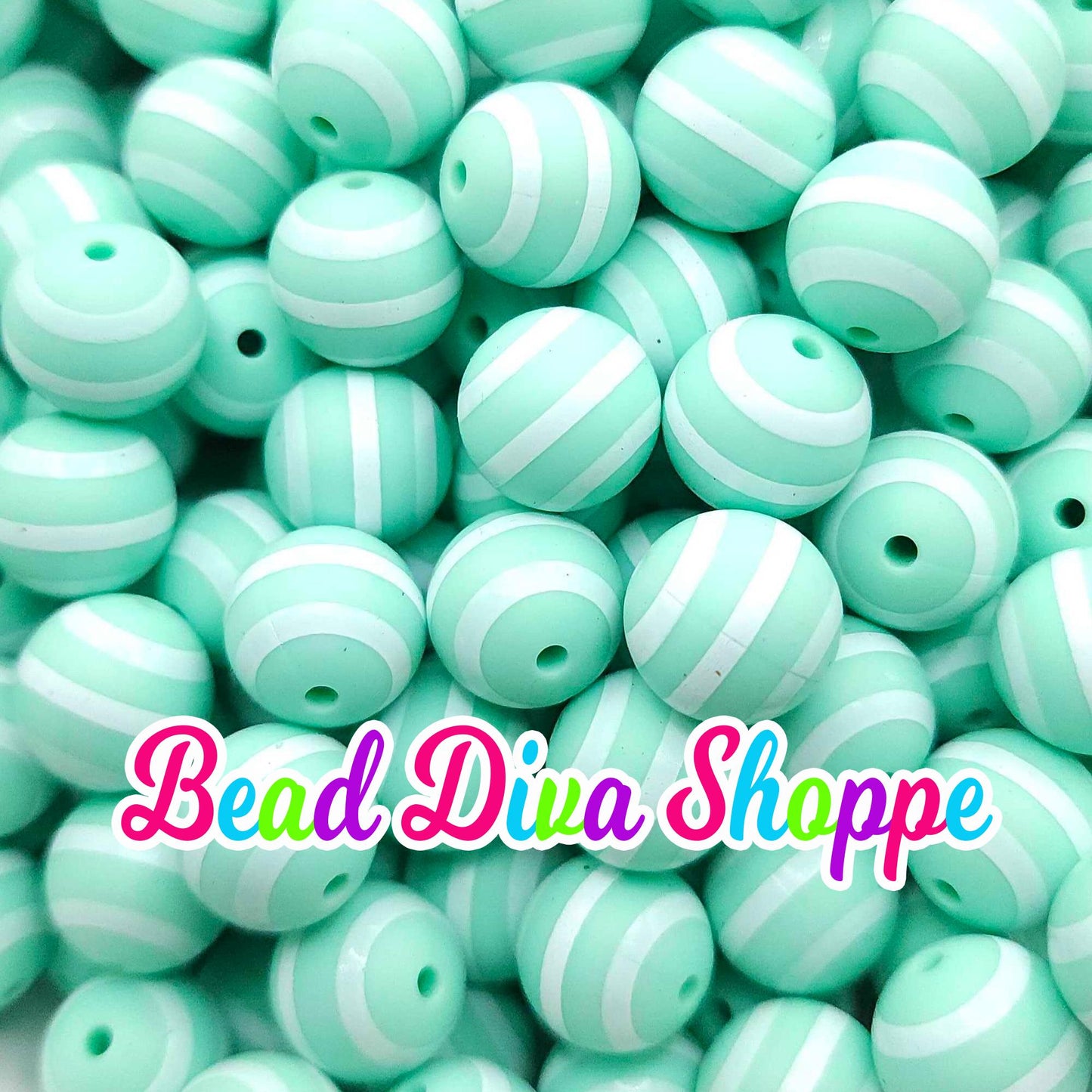 Set of 10 - 15mm - MINT STRIPES - Round Silicone Beads - Diy Jewelry Making - Beaded Pens - Keychains - Bracelets