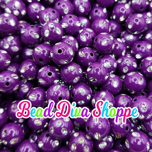 12mm - Set of 50 - DARK PURPLE Bling Beads - Bubblegum - Rhinestone - Acrylic Beads for DIY and Jewelry Making Supplies