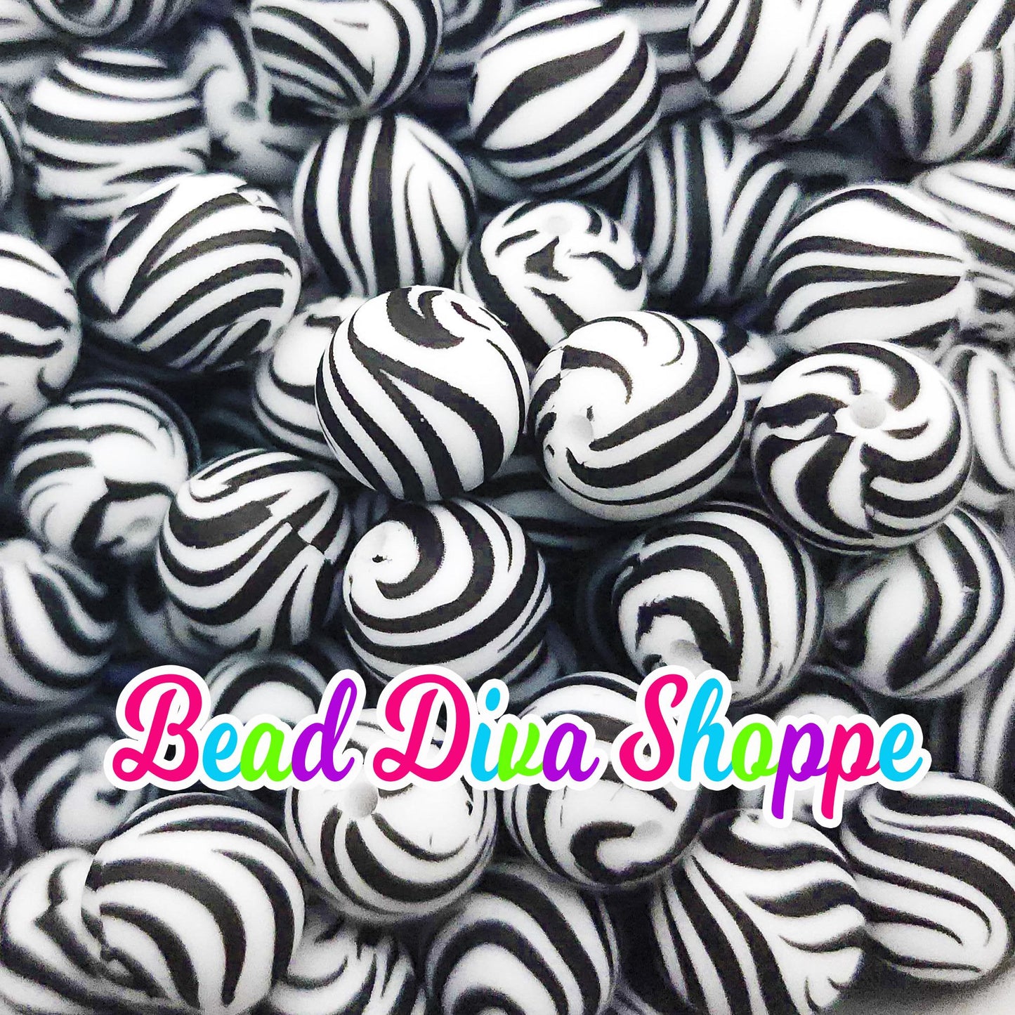 Set of 10 - 15mm - BLACK/WHITE ZEBRA - Round Silicone Beads - Diy Jewelry Making - Beaded Pens - Keychains - Bracelets