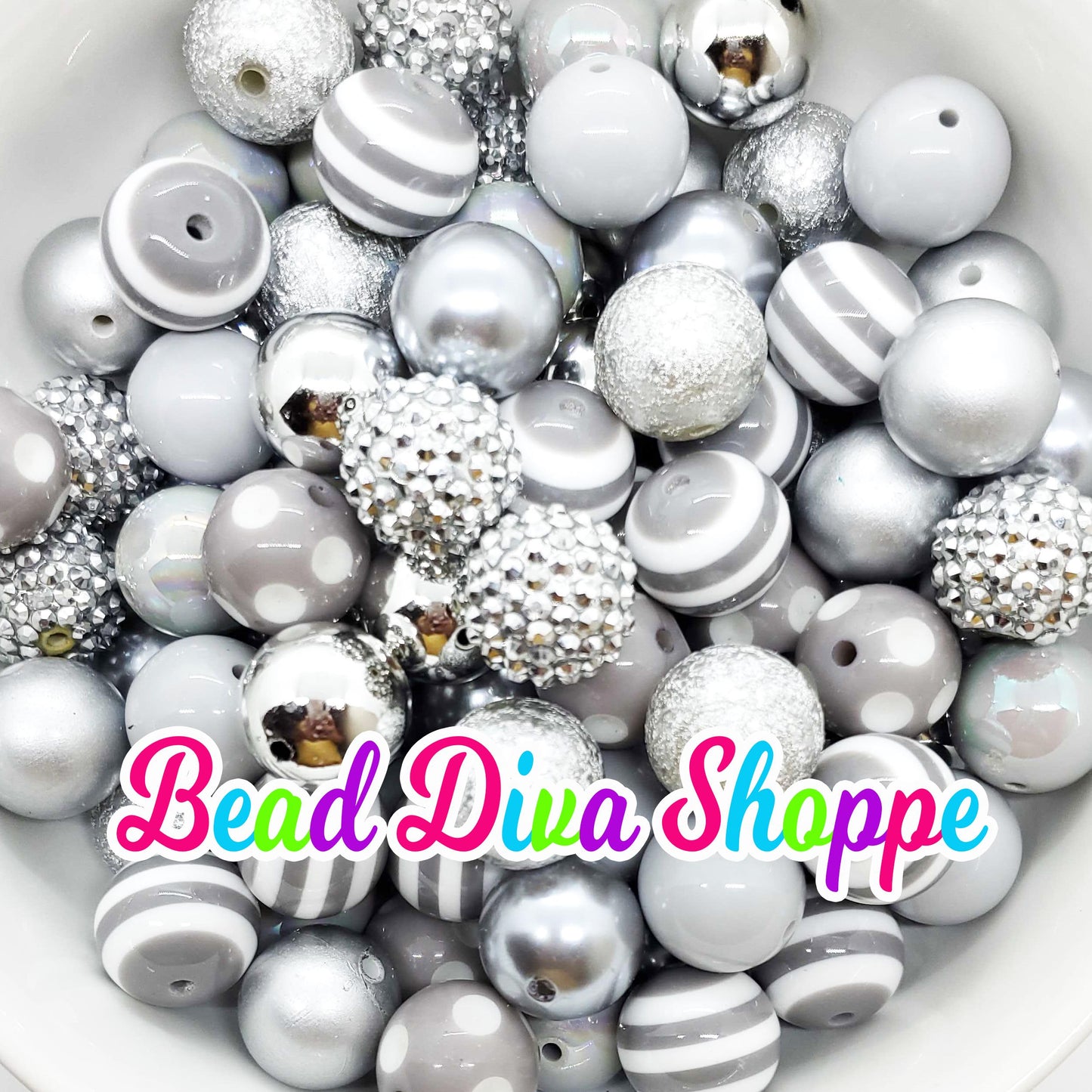 Set of 24 - 20mm - SILVER Mix - Bead Lot - Bead Mix - Bubblegum - Round Acrylic Beads for DIY and Jewelry Making Supplies