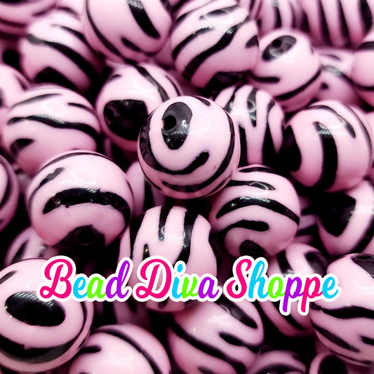 20mm - PINK / BLACK ZEBRA Print Beads - Bubblegum - Round Acrylic Beads for Diy and Jewelry Making Supplies