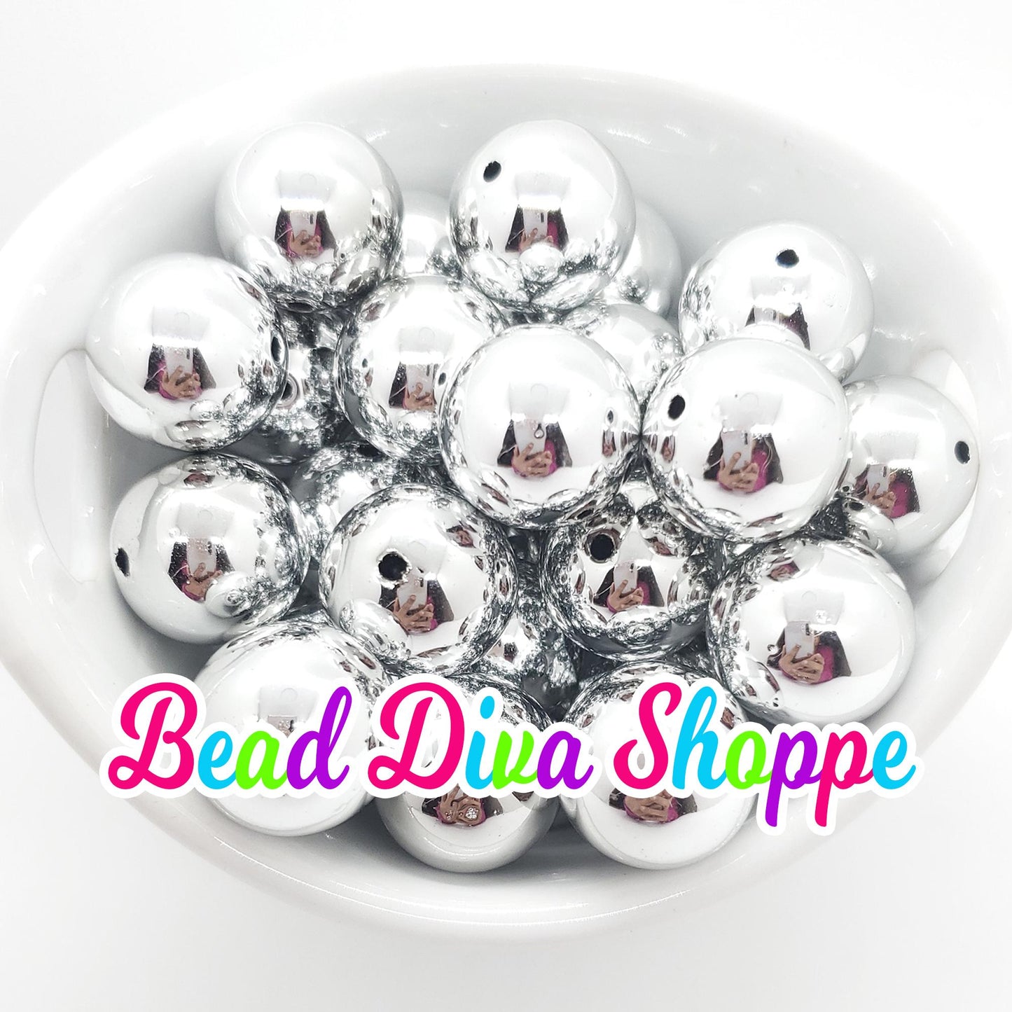 20mm - SILVER - Shiny Beads - Bubblegum - Round Acrylic Beads for Diy and Jewelry Making Supplies