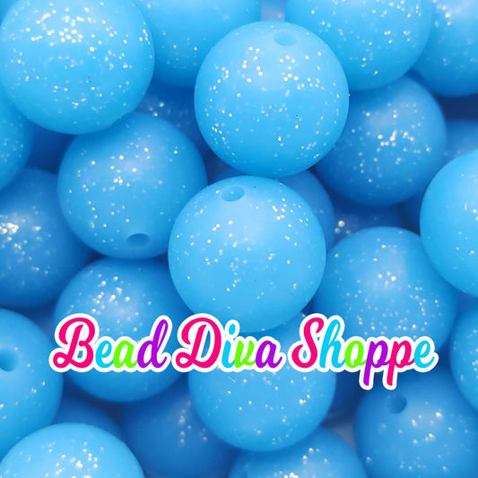 Set of 10 - 15mm - BLUE GLITTER - Solid Silicone Beads - Diy Jewelry Making - Beaded Pens - Keychains - Bracelets