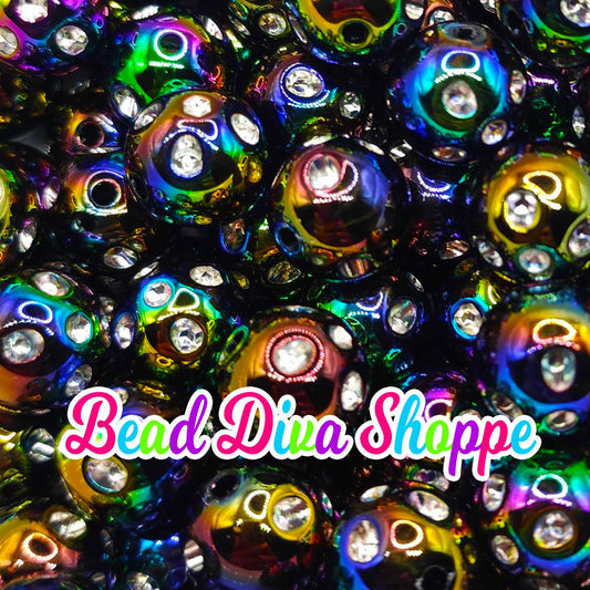 Set of 10 - 16mm - BLACK RHINESTONE AB - Acrylic Beads- Bubblegum - Chunky - Round Acrylic Beads for Diy and Jewelry Supplies
