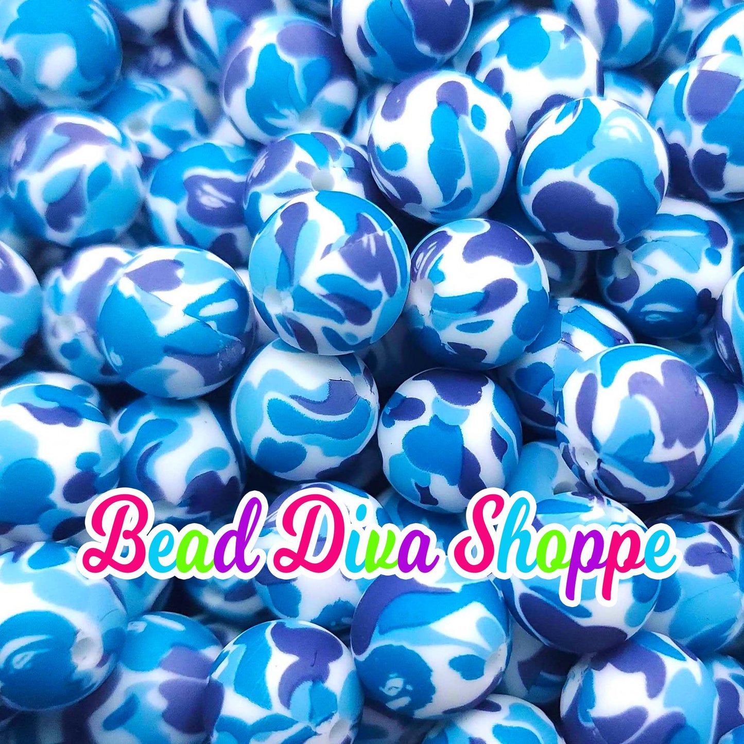 Set of 10 - 15mm - BLUE CAMOUFLAGE - Round Silicone Beads for Diy and Jewelry Making Supplies