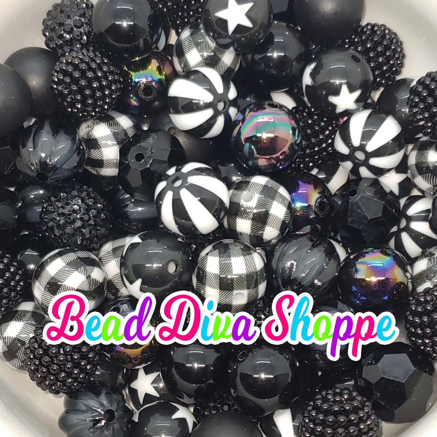 Set of 24 - 20mm - BLACK / WHITE Mix - Bead Lot - Bead Mix - Bubblegum - Round Acrylic Beads for DIY and Jewelry Making Supplies