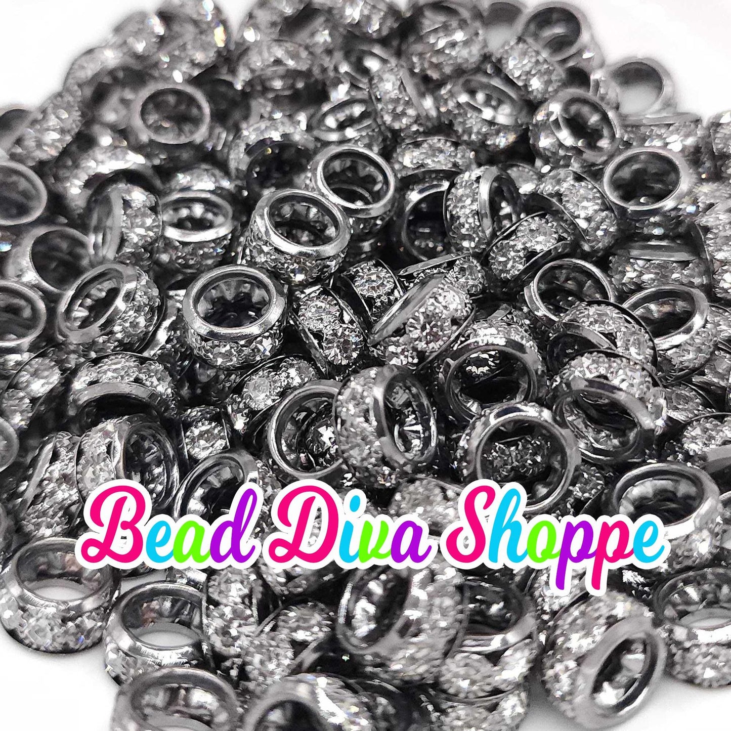 12mm - SET of 10 - BLACK - Big Holes Crystal Rhinestone Spacer Rondelles Bead for Diy and Jewelry Making Supplies