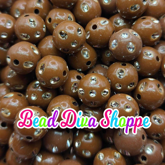 12mm - Set of 50 - BROWN Bling Beads - Bubblegum - Rhinestone - Acrylic Beads for DIY and Jewelry Making Supplies
