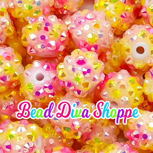 12mm - Set of 10 - HOT PINK / YELLOW Rhinestone Beads - Bubblegum - Rhinestone Ab - Acrylic Beads for Diy and Jewelry Making Supplies