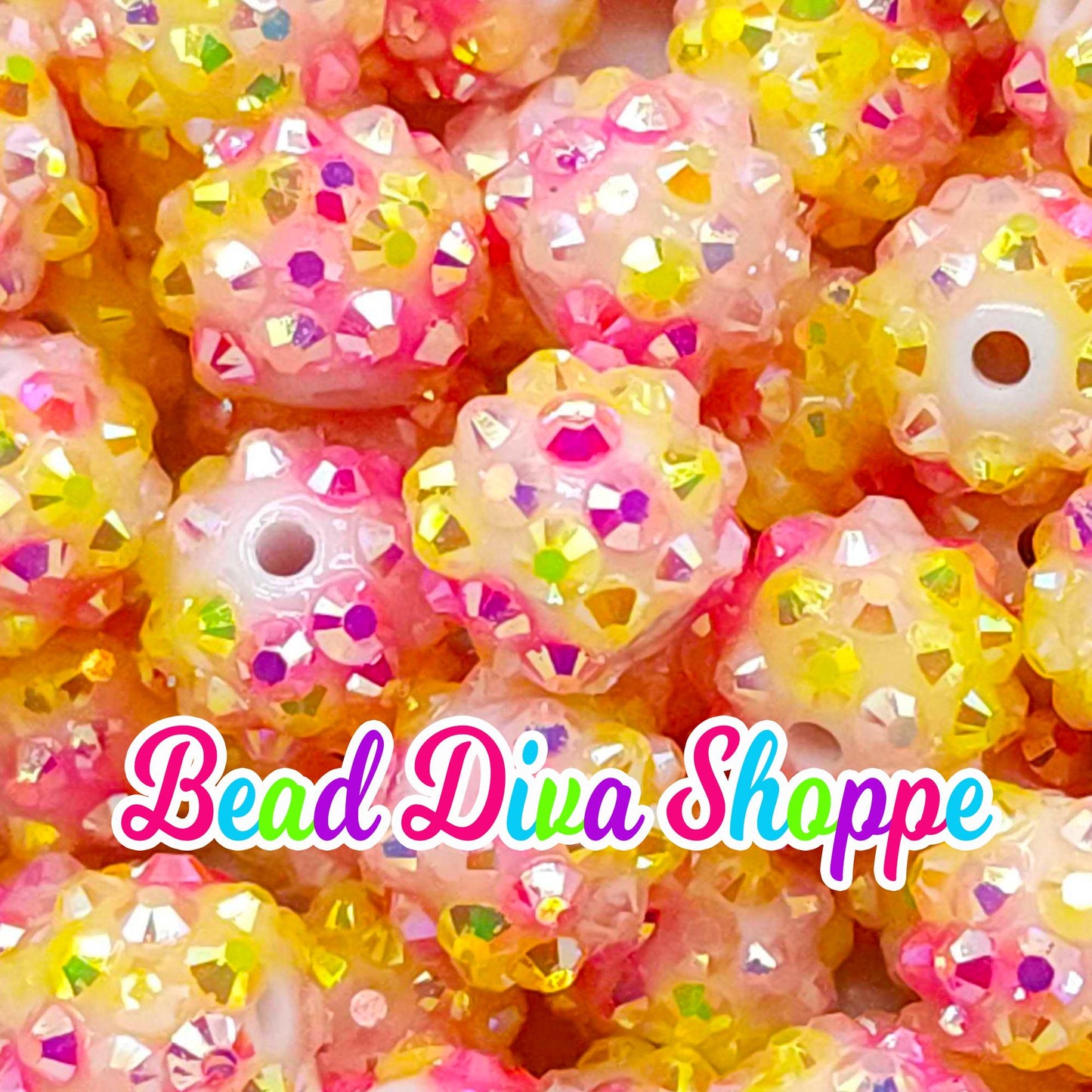 12mm - Set of 10 - HOT PINK / YELLOW Rhinestone Beads - Bubblegum - Rhinestone Ab - Acrylic Beads for Diy and Jewelry Making Supplies