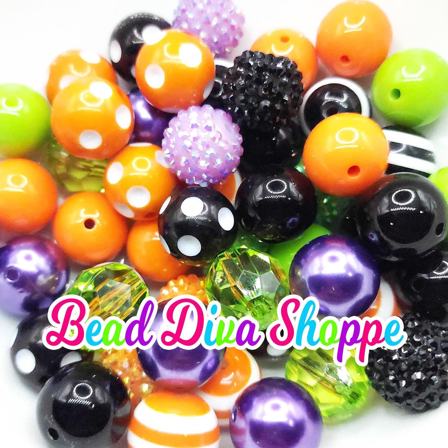 Set of 24 - 20mm - PURPLE / Lime / ORANGE / BLACK - Bead Mix - Bubblegum - Round Acrylic Beads for Diy and Jewelry Making Supplies
