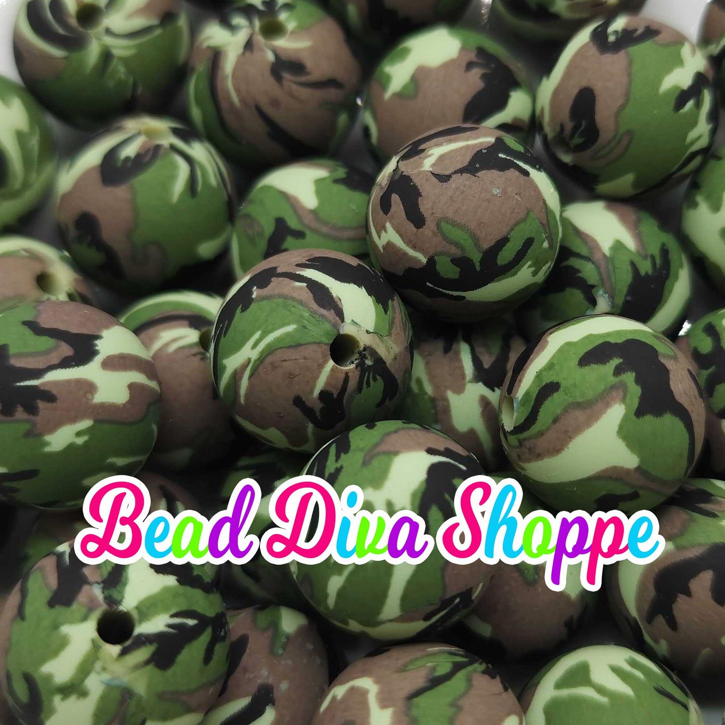 Set of 10 - 15mm - GREEN CAMO - Round Silicone Beads for Diy and Jewelry Making Supplies - Keychains - Beaded Pens