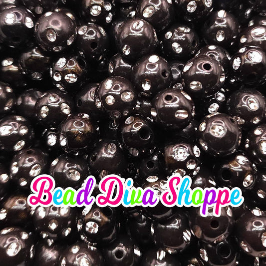 12mm - Set of 50 - BLACK Bling Beads - Bubblegum - Rhinestone - Acrylic Beads for DIY and Jewelry Making Supplies