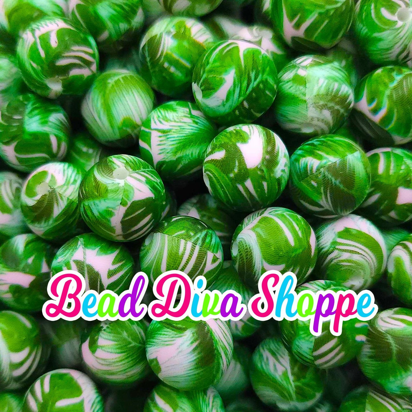 Set of 10 - 15mm - TROPICAL LEAVES - Round Silicone Beads - Diy Jewelry Making - Beaded Pens - Keychains - Bracelets