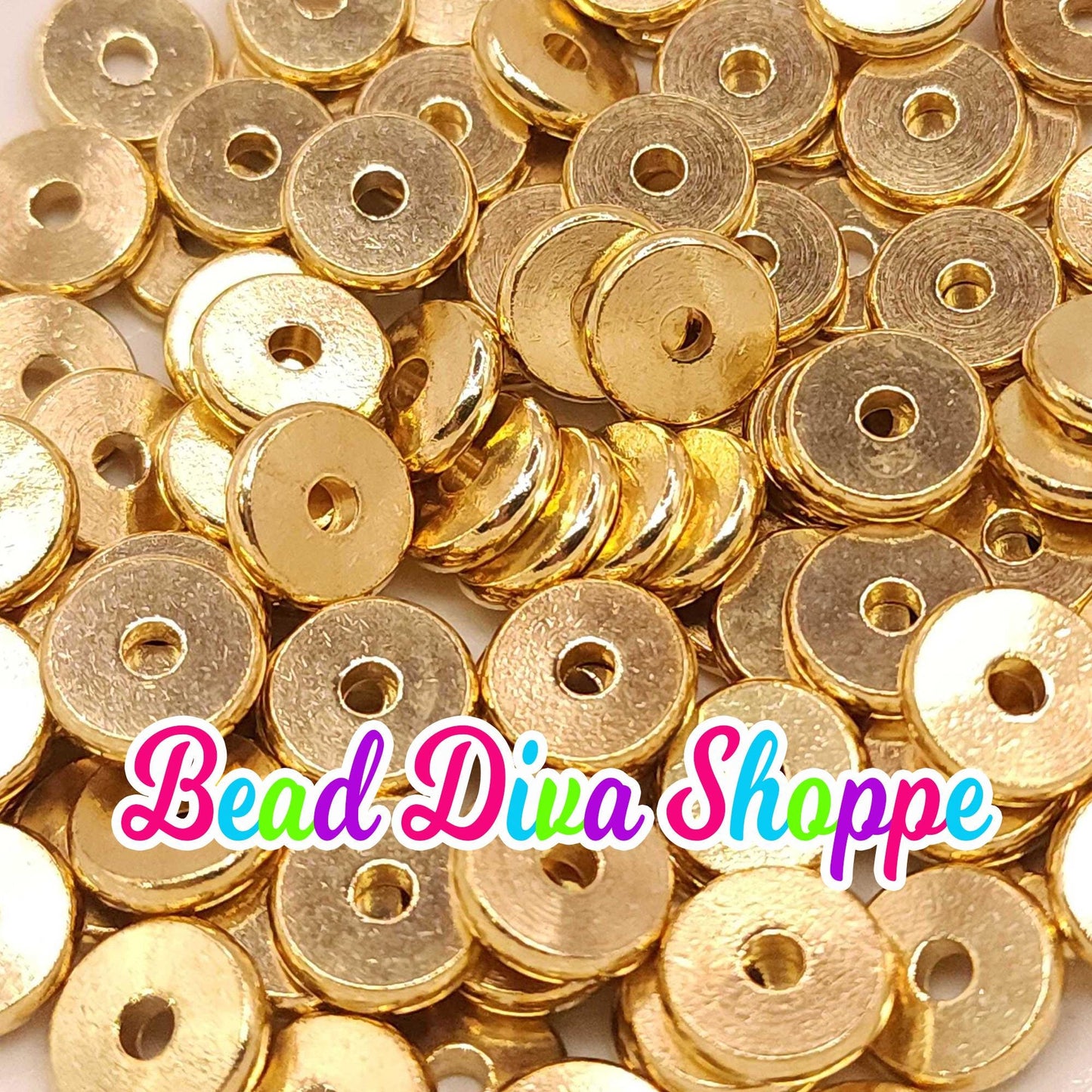 12mm - SET of 10 - GOLD Plated- Flat Disk Round Loose Spacer Beads - Diy - Jewelry - Beaded Pens - Spacers - Keychains - Bracelets
