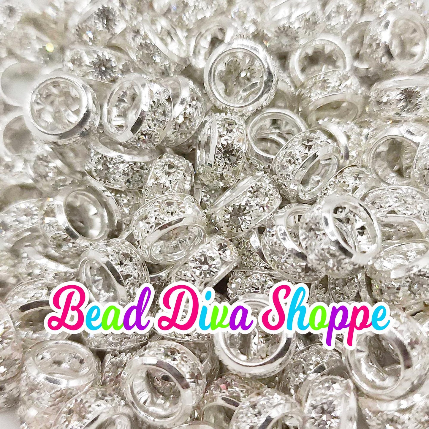 12mm - SET of 10 - SILVER CLEAR - Big Holes Crystal Rhinestone Spacer Rondelles Bead for Diy and Jewelry Making Supplies