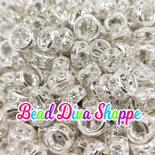 12mm - SET of 10 - SILVER CLEAR - Big Holes Crystal Rhinestone Spacer Rondelles Bead for Diy and Jewelry Making Supplies