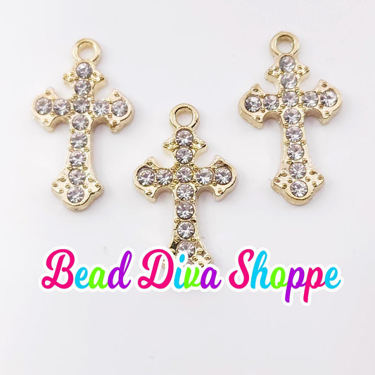 Set of 2 - 24mm x 13mm - GOLD CROSS with RHINESTONES Charms - Beads - Diy - Jewelry - Beaded Pens - Keychains - Bracelets - Cup Charms
