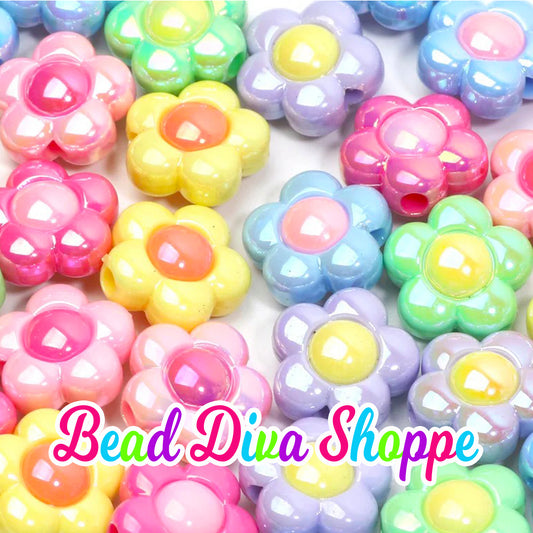 16mm - Set of 10 - Color Mix - FUN COLORFUL FLOWERS - Acrylic Loose Spacer Beads
