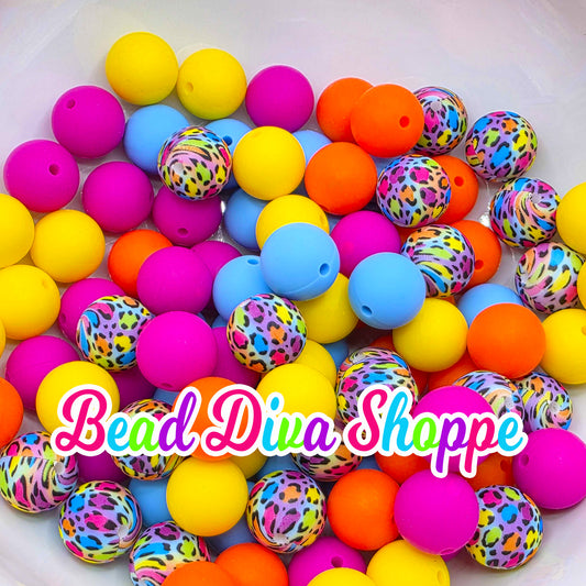 Set of 50 - 15mm - BRIGHT CHEETAH MIX - Silicone Beads - Diy Jewelry Making - Beaded Pens - Keychains - Bracelets