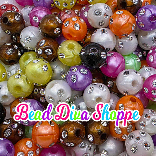12mm - Set of 20 - MIX Colors of Pearl Bling Beads - Bubblegum - Rhinestone - Acrylic Beads for DIY and Jewelry Making Supplies