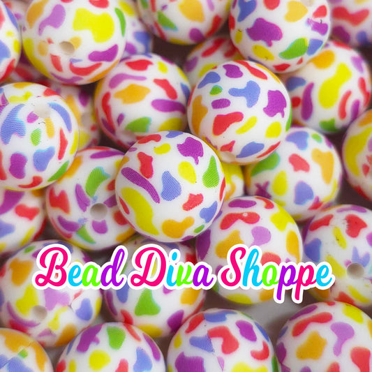 Set of 10 - 15mm - MULTI-COLOR CHEETAH PRINT - Round Silicone Beads - Diy Jewelry Making - Beaded Pens - Keychains - Bracelets