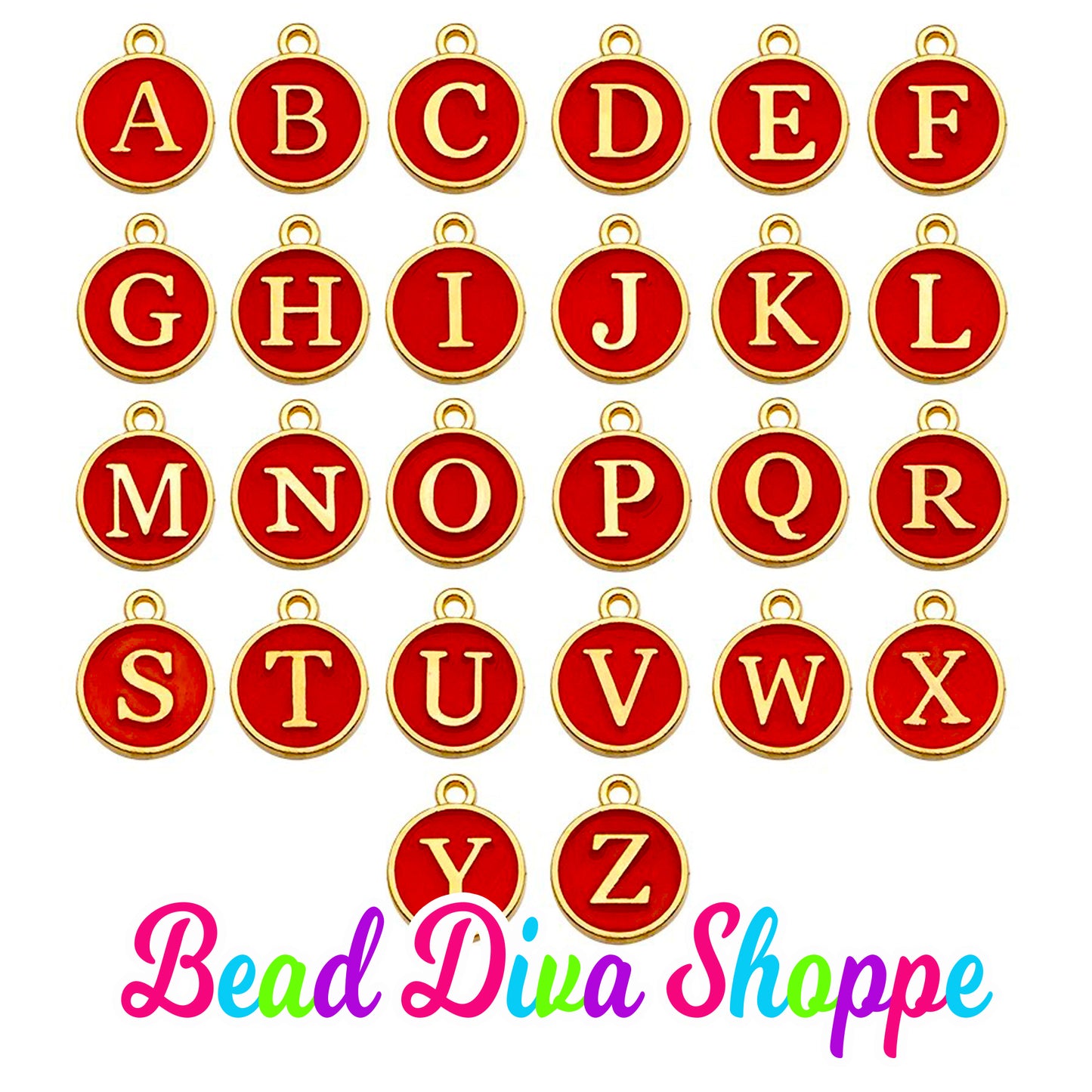 26pcs - FULL ALPHABET - 12mm x 14mm - RED - Enamel A-Z Letter Charms - Alloy Metal - Diy - Jewelry Making Supplies