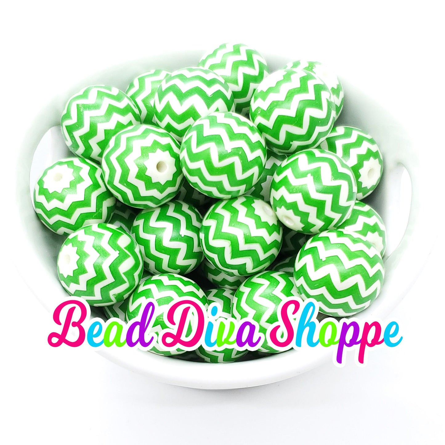 20mm- Medium Green and White Zig Zag Beads - Bubblegum - Round Acrylic Beads for DIY and Jewelry Making Supplies
