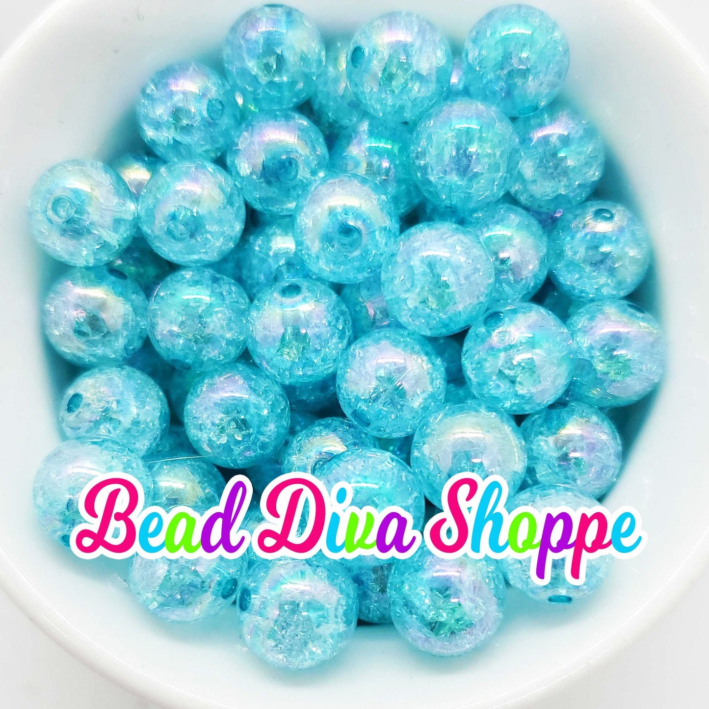 Set of 10 - 12mm - AQUA Crackle AB Beads - Bubblegum Chunky Round Acrylic Beads