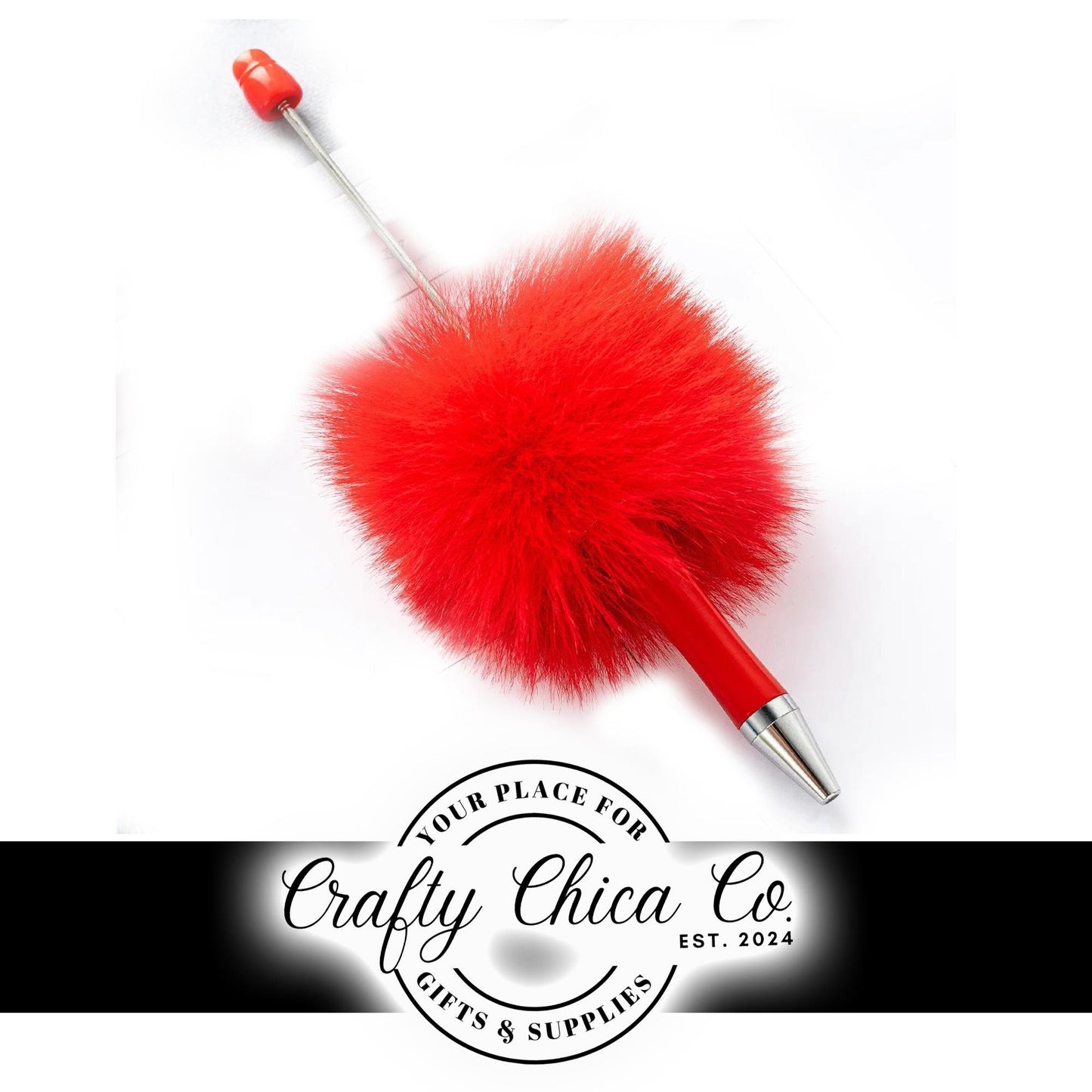 Set of 2 - RED FLUFFY / POMPOM Pens - Beadable - Supplies - Diy Jewelry Making - Gifts