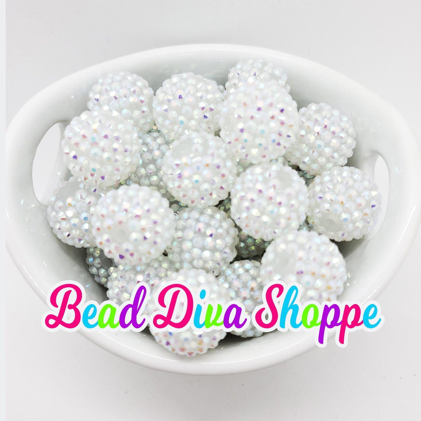 20mm - WHITE AB - Rhinestone Beads - Bubblegum - Chunky - Round Acrylic Beads for Diy and Jewelry Making Supplies