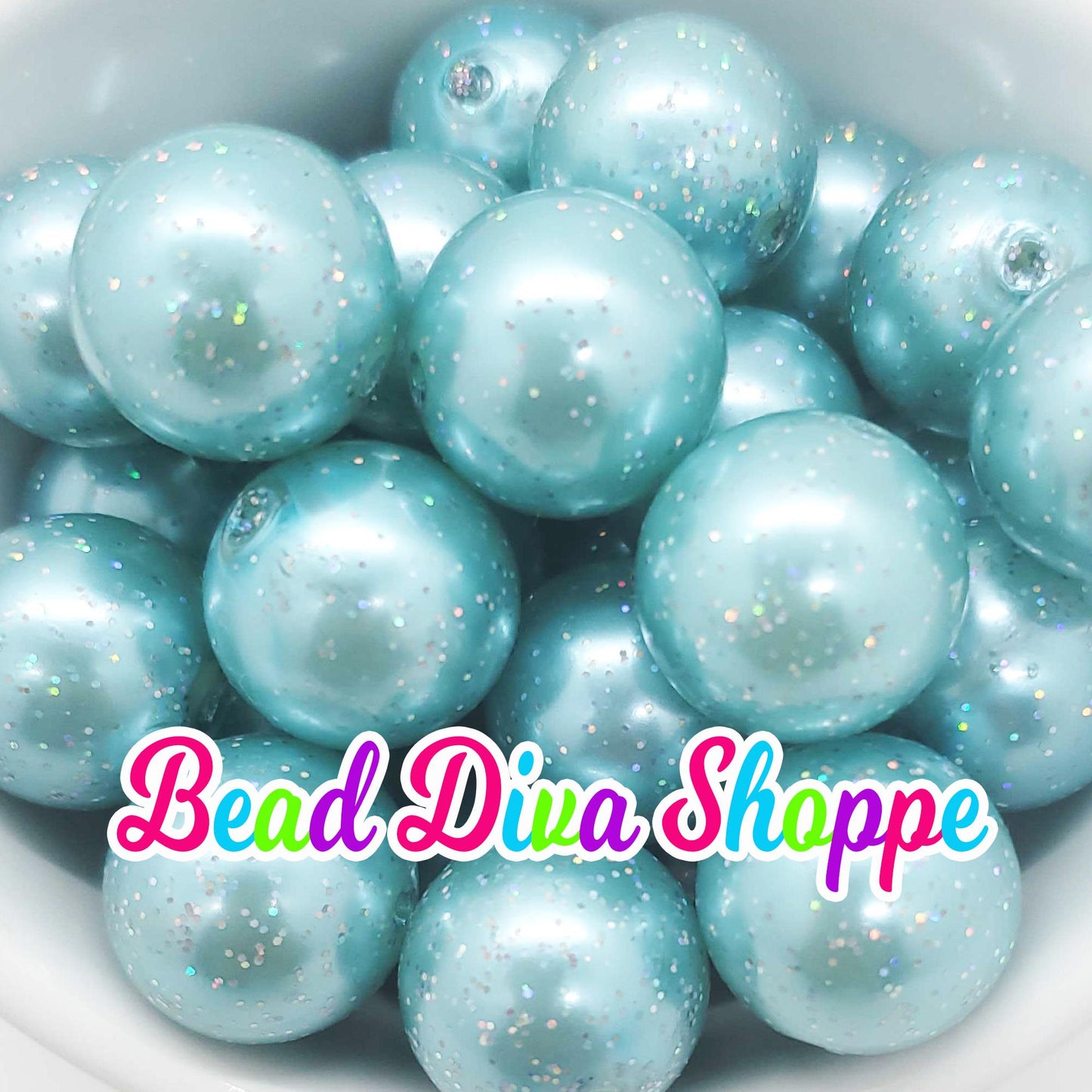 20mm - MEDIUM AQUA - Pearl Glitter - Bubblegum - Round Acrylic Beads for Diy and Jewelry Making Supplies