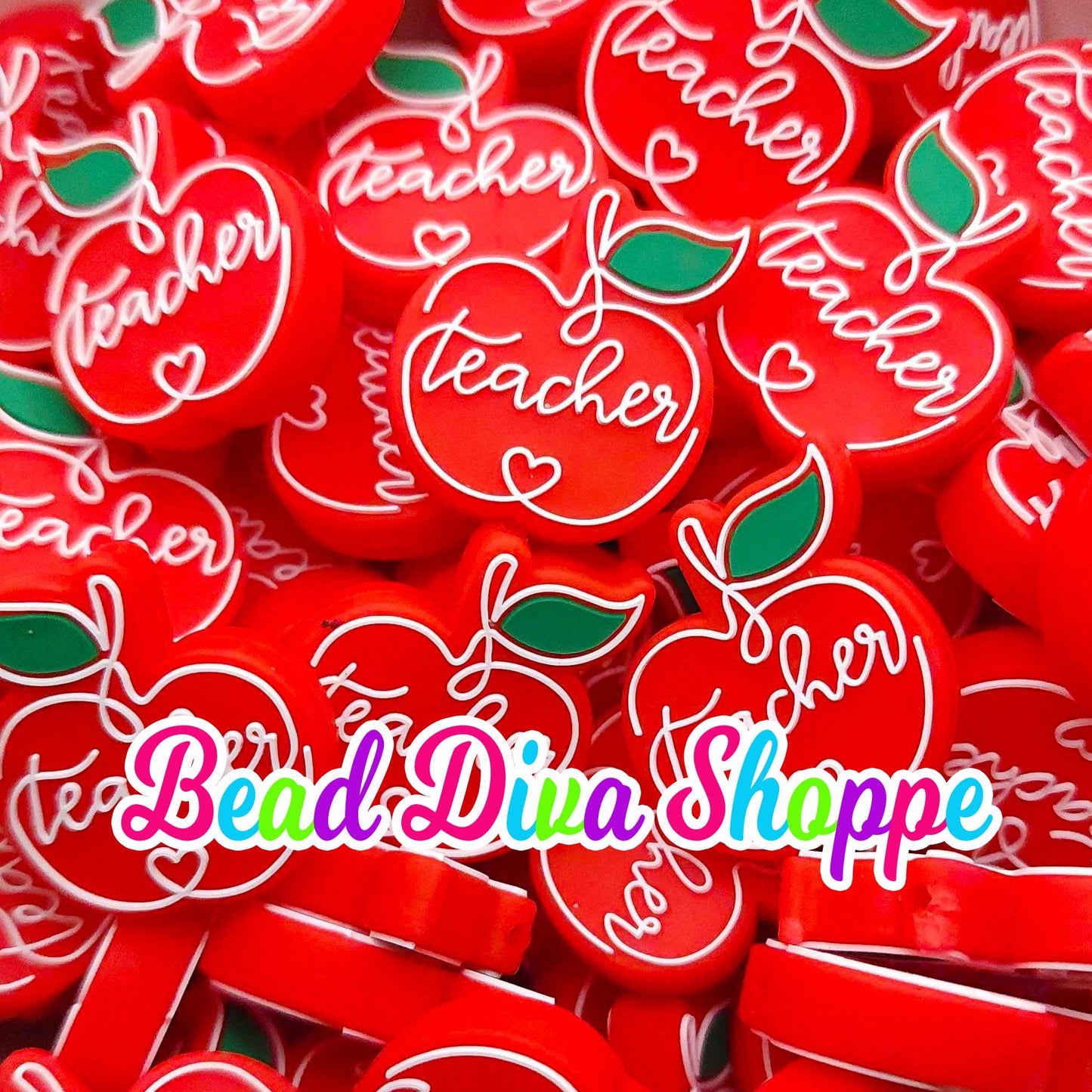 Set of 2 - 30mm x 26mm - RED APPLE TEACHER - Focal Beads - Diy Jewelry Making - Beaded Pens - Keychains - Bracelets
