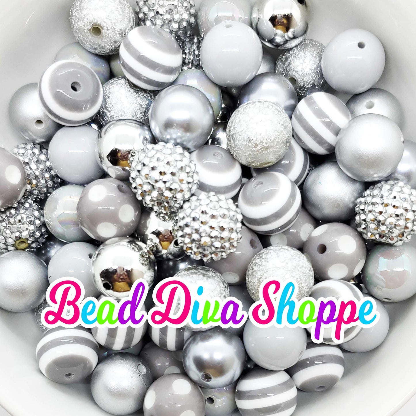 20mm - SILVER Mix - Bead Lot - Bead Mix - Bubblegum - Round Acrylic Beads for DIY and Jewelry Making Supplies