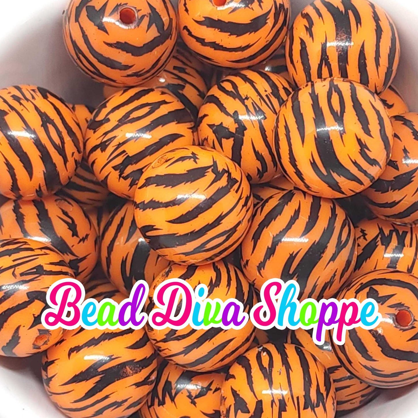 20mm - ORANGE / BLACK TIGER Stripes Print Beads - Bubblegum - Round Acrylic Beads for Diy and Jewelry Making Supplies