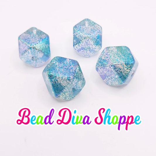 20mm - AQUA HEXAGON GLITTER Ab - Bubblegum Chunky Beads - Round Acrylic Beads for Diy and Jewelry Making Supplies
